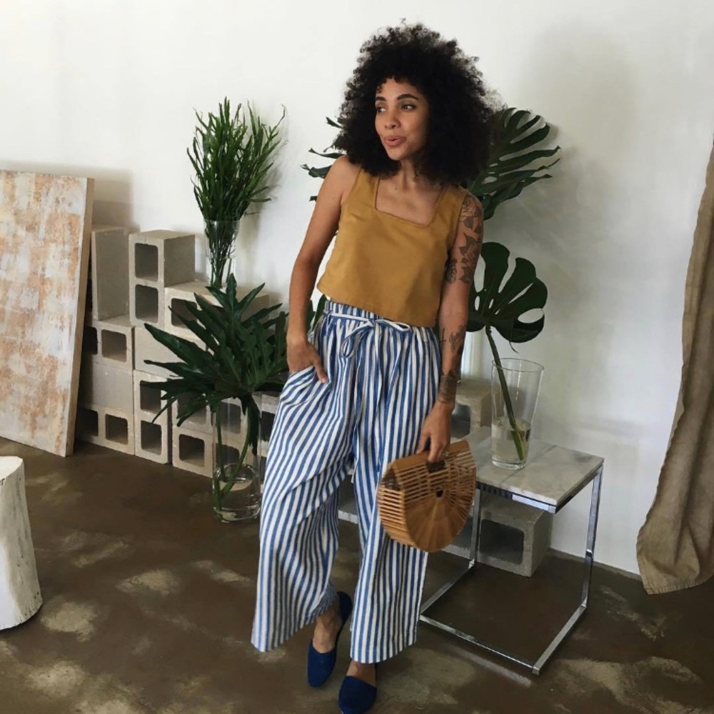 OFFON Cropped Belted Striped Blue White Linen Pants size small